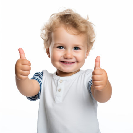Portrait of a cute little boy showing thumbs up, isolated over whiteの素材