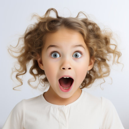 Surprised little girl with curly hair on a gray background.の素材