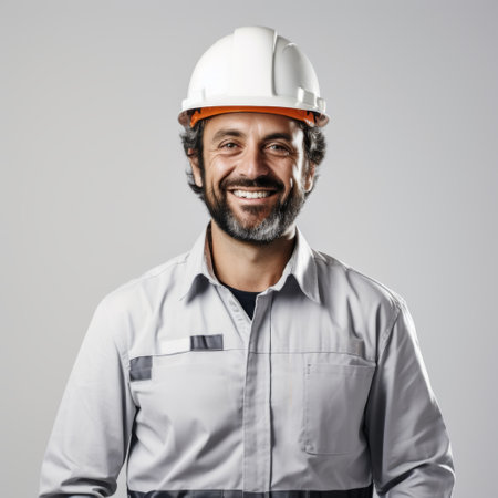 Portrait of a smiling male engineer wearing a white hard hat.の素材