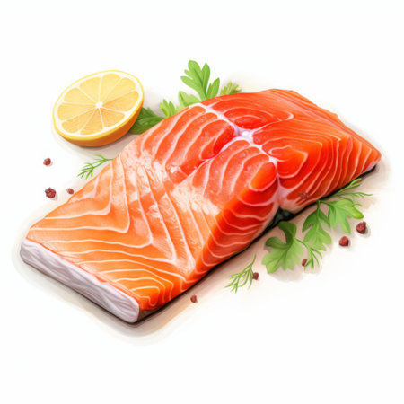 Salmon fillet with lemon and parsley on a white backgroundの素材