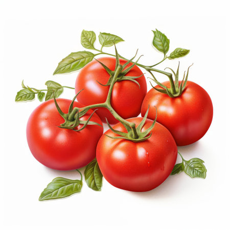 Tomatoes with green leaves isolated on white background. Vector illustration.の素材