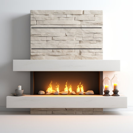 Modern fireplace with burning candles on a white background. 3d renderingの素材
