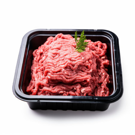 Minced meat in plastic box. Isolated on white background.の素材