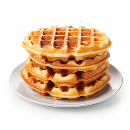 Stack of belgian waffles on plate isolated on white background.の素材