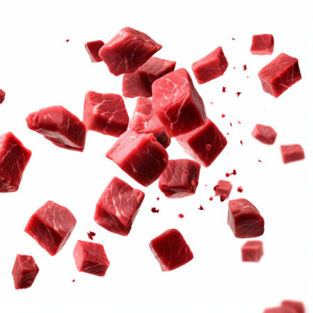 Pieces of raw beef meat flying on white background, top viewの素材