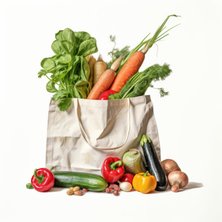 Paper bag full of fresh vegetables on white background. Healthy food conceptの素材