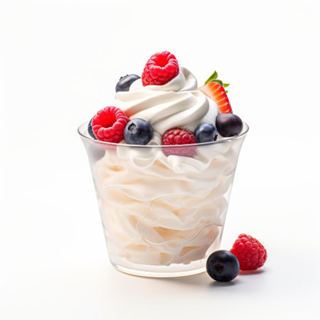 Vanilla ice cream with fresh berries in glass cup on white backgroundの素材