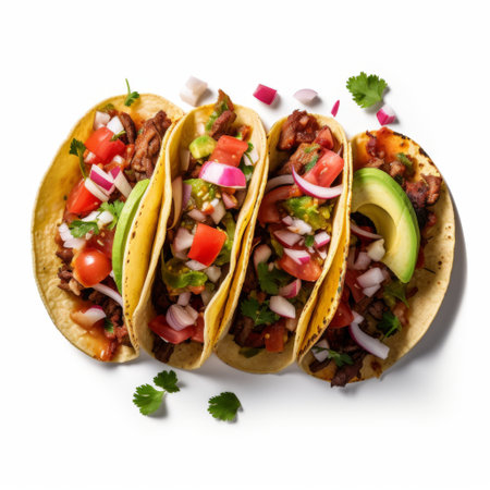 Mexican tacos with beef, avocado, tomatoes and onion isolated on white backgroundの素材