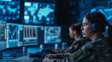 selective focus of female soldier in uniform typing on computer monitors during cyber attackの素材