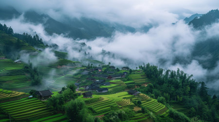 Aerial view of rice terraces in Sapa, Vietnam.の素材