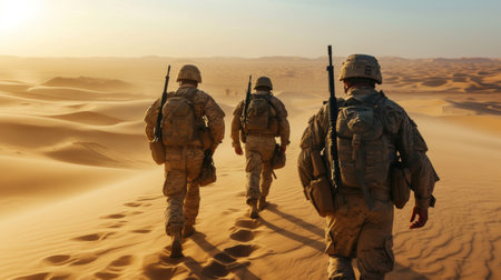 United States Marine Corps soldiers walking in the sand dunes of the Sahara desertの素材