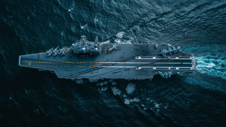 Aerial view of a warship in the sea. 3d renderingの素材
