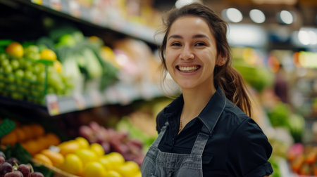 Portrait of smiling young woman in apron at the supermarket.の素材