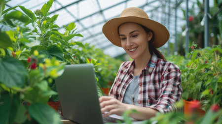 Young woman working on laptop in greenhouse. Young female gardener in hat using computer in greenhouse.の素材