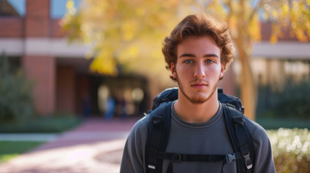 Portrait of a young man with a backpack standing in the campusの素材