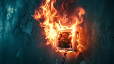 Burning electrical outlet on grunge wall background. Electricity crisis conceptの素材