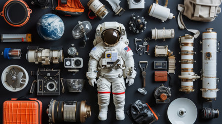 Astronaut and various space equipment on black background, top viewの素材