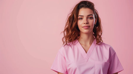 young nurse in pink scrubs looking at camera isolated on pink backgroundの素材