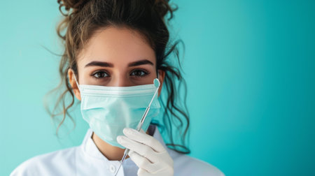 beautiful young nurse in medical mask and gloves holding dental tools isolated on blueの素材