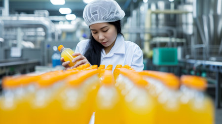Young asian female factory worker packing orange juice into plastic bottles while working in the factoryの素材