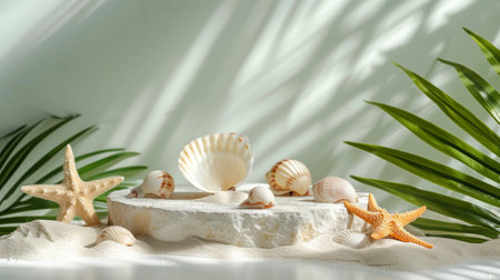 Beautiful composition with sea shells and stones on white table, closeupの素材