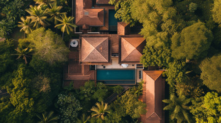 Aerial view of luxury villa with swimming pool and palm treesの素材