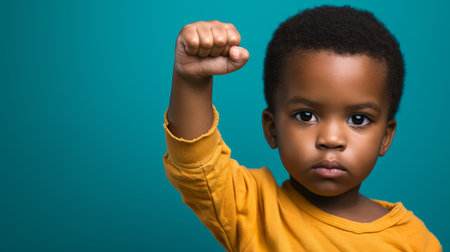 Little african american boy making strong gesture on a blue backgroundの素材