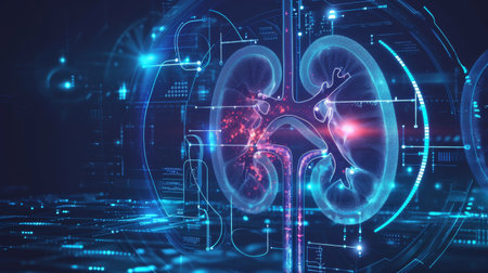 Medical interface with human lungs and brain hologram. Medicine and healthcare concept. 3D Renderingの素材