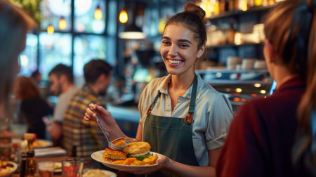 smiling waitress serving hamburgers to customer at counter in cafeの素材