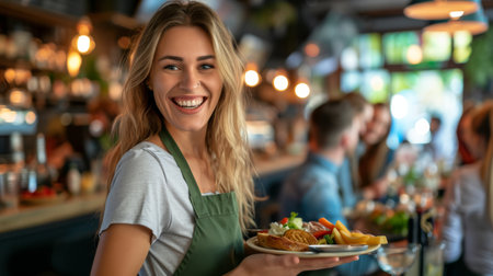 Portrait of beautiful waitress holding plate with food and smiling in cafeの素材