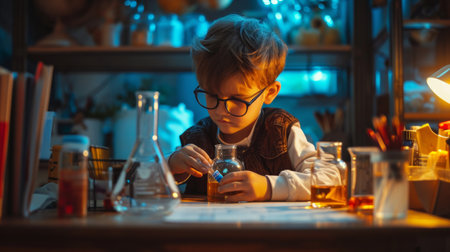 Little boy making science experiments in a laboratory. Science, chemistry, biology, medicine.の素材