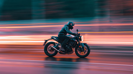 Motorcyclist driving a motorbike on the road with motion blurの素材