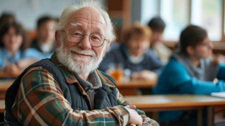 Portrait of smiling senior man sitting in classroom, looking at cameraの素材