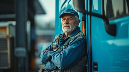 Portrait of senior man standing with arms crossed in front of busの素材