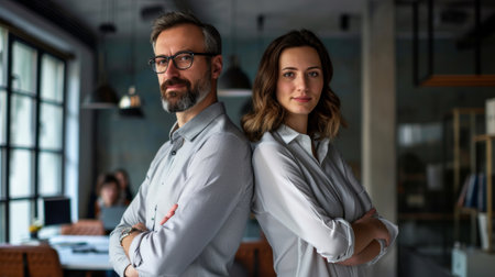 Portrait of two business people standing with arms crossed in modern officeの素材