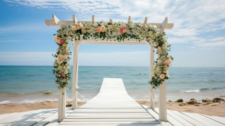 Wedding arch decorated with flowers on the beach. Wedding ceremonyの素材