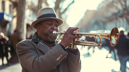 Unidentified musician plays trumpet in Milan. Milan is the capital and largest city of Italy.の素材