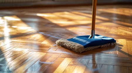 Cleaning the floor with a mop in the morning light.の素材