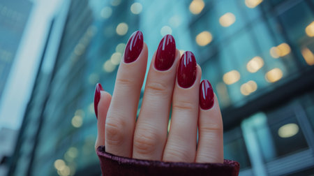 Female hand with long nails and a red manicure holds a bottle of nail polishの素材