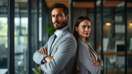 Portrait of confident businessman and businesswoman standing with arms crossed in officeの素材