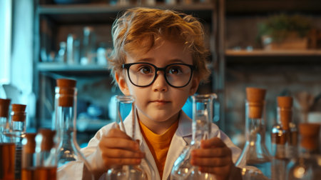 Cute little boy with test tubes in science laboratory on blurred backgroundの素材