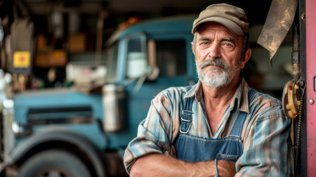 Portrait of a senior mechanic standing in front of his truck.の素材