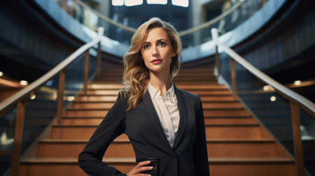 Portrait of businesswoman holding coffee cup while standing on stairs in officeの素材