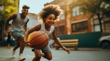 Cheerful african american boy and girl playing basketball on streetの素材