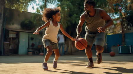 African american father and daughter playing basketball together in the park.の素材