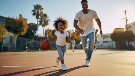 African american man and his daughter playing basketball outdoors. They are smiling and having fun.の素材