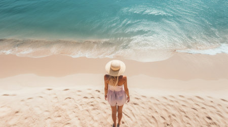 Aerial view of young woman in straw hat standing on sand beach and looking at sea.の素材