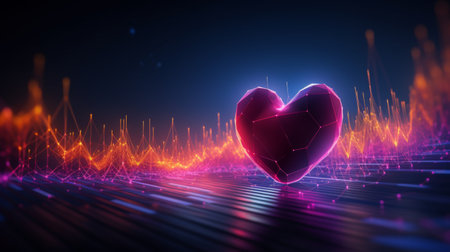 3d rendering of a heart on a dark background with neon lightsの素材