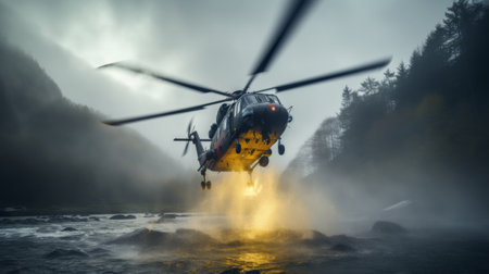Helicopter landing on a mountain river in the rain. 3d renderingの素材