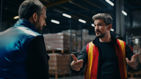Warehouse workers working together in warehouse. This is a freight transportation and distribution warehouse. Industrial and industrial workers conceptの素材